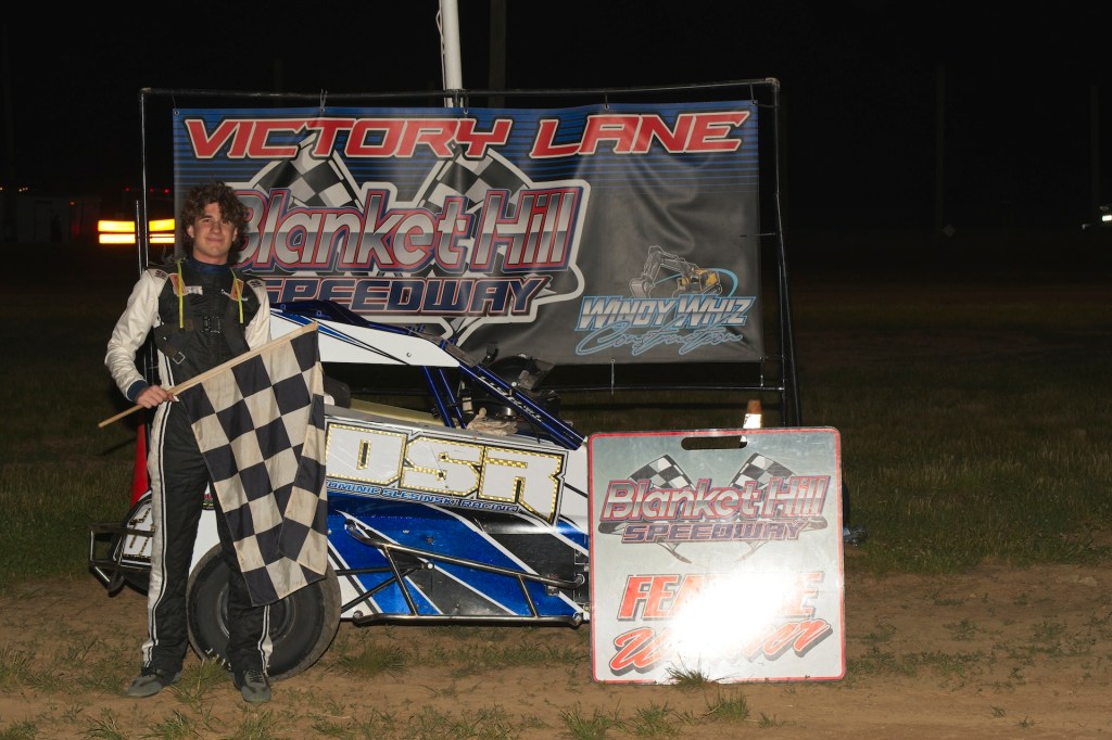 Dominic Slesinski in Victory Lane at Blanket Hill with Hyper Chassis 600cc Micro Sprint