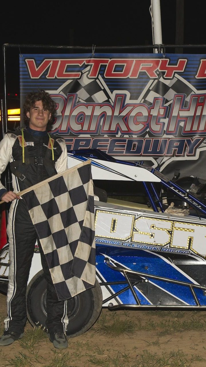 Dominic Slesinski in Victory Lane at Blanket Hill with Hyper Chassis 600cc Micro Sprint